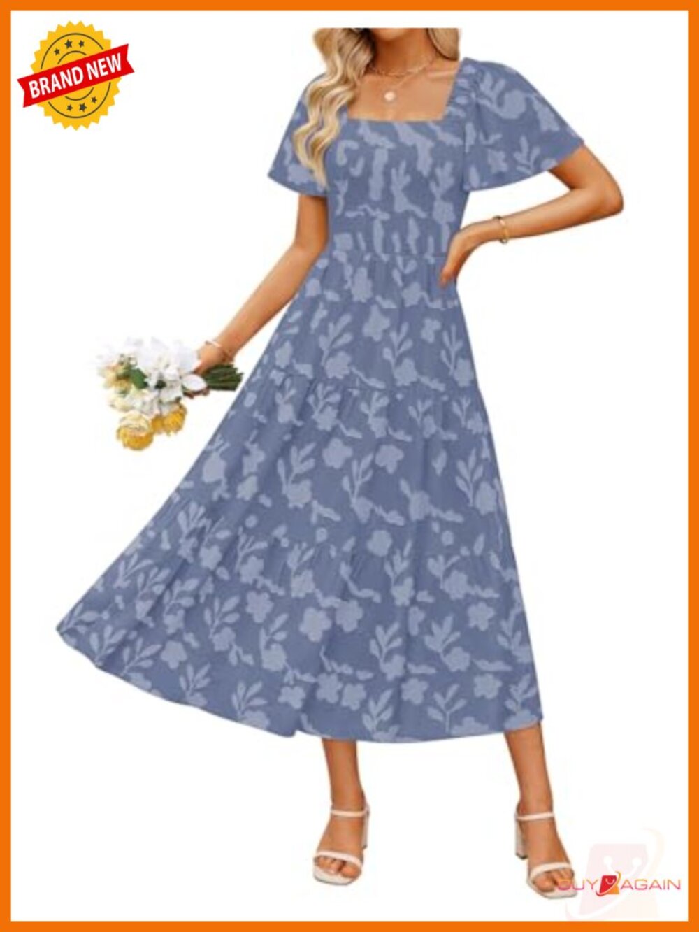 Womens Summer Boho Floral Midi Dress Square Neck Short Sleeve Wedding Guest